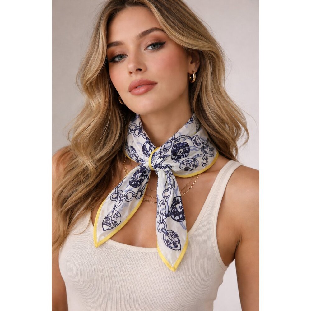 Henri Bendel Silk Scarf Charm Chain Print White Blue Yellow Square 26"